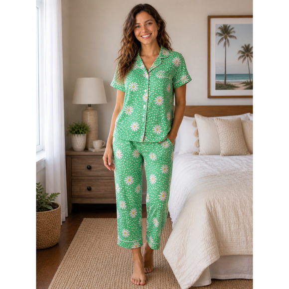 The Cat's Pajamas Other - The Cat's Pajamas 2 Pc Pima Cotton‎ Shirt & Ankle Pants Green Floral Sz Small